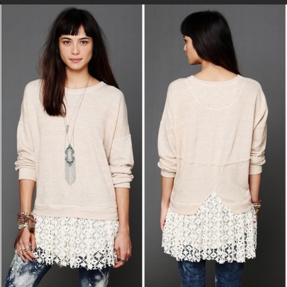 Free People Beach Tunic Pullover Sweater w Crochet Lace Hem size Medium / Large - Picture 10 of 10